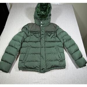 ADD Men 40 Green Duck Down Hooded Puffer Jacket Zip Snap Front Long Sleeve Warm